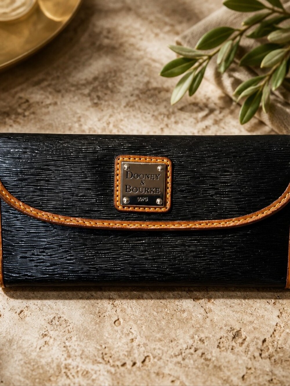 Dooney & Bourke Black Leather Continental Wallet with Tan Trim